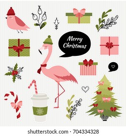 Set of Christmas and New Year stickers. Cute holiday flamingo, bird, christmas tree, gift boxes and coffee.  Vector illustration.