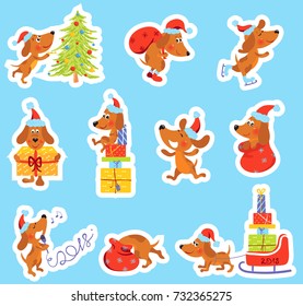 Set of Christmas or New Year stickers with cute puppy, Dog is the symbol of 2018 year in Santa hat, Vector clip-art