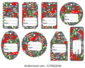 Set of Christmas and New Year tags. Blank and as a gift for a present. Paper festive labels. Flat design. Vector seasonal badge design. 