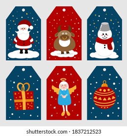 A set of Christmas, New Year tags for decorating gifts. Collection of hand drawn christmas badge.
