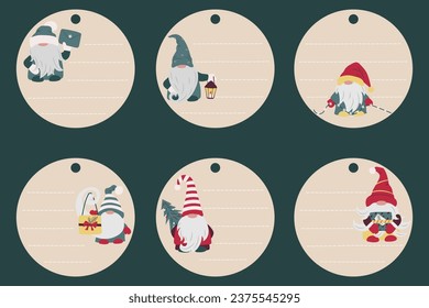 Set of Christmas and New Year tags with cute gnomes. Gift cards for winter holidays with elf, dwarf, fairy tale. Sticker