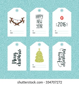 Set of Christmas and New year tags with hand drawn lettering and holiday decoration elements. Xmas gift tags on winter background
