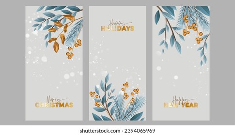 Set of Christmas and New Year templates with tree branches and golden ornaments