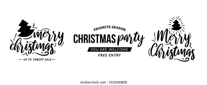 Set of Christmas and New Year text labels. Holiday design elements for advertisement. Editable vector template.