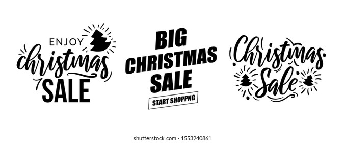 Set of Christmas and New Year text labels. Holiday design elements for advertisement. Editable vector template.