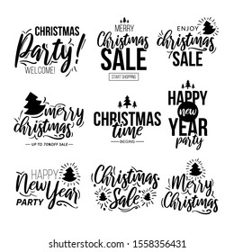 Set of Christmas and New Year text labels. Holiday design elements for advertisement. Editable vector template.