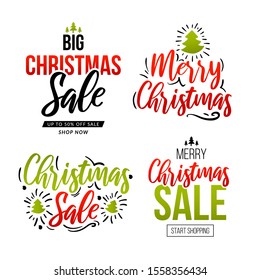 Set of Christmas and New Year text labels. Holiday design elements for advertisement. Editable vector template.