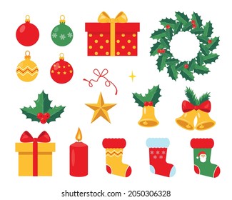 Set of Christmas and New Year traditional holiday decorations. Elements for winter design. Vector icon illustrations isolated on white background.