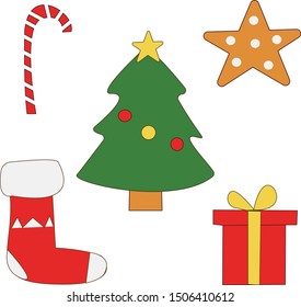 Set Christmas and New Year with Christmas tree, gifts, Christmas cookies, warm sock, caramel. Design for prints, cards, posters. Vector Eps. 8.
