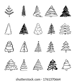 Set Christmas and New Year tree. Hand-drawn sketch. Holidays background. Abstract doodle drawing woods. Vector illustration