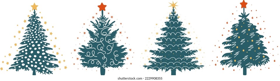 set of christmas, new year tree in flat style, isolated vector