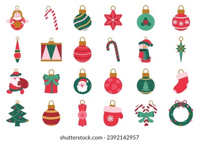 Conjunto de decoraciones de árboles de Navidad y Año Nuevo aisladas en un fondo blanco. Ilustración vectorial.