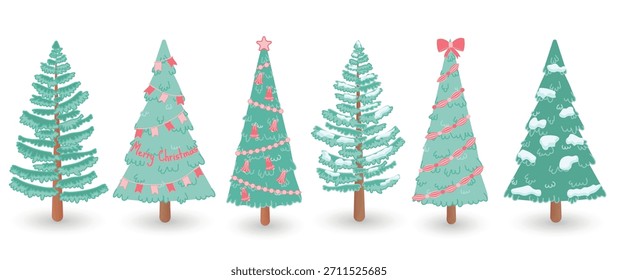 Eine Reihe von Weihnachts- und Neujahrsbäumen in verschiedenen Formen und Farben mit Dekorationen und Schnee auf den Zweigen.