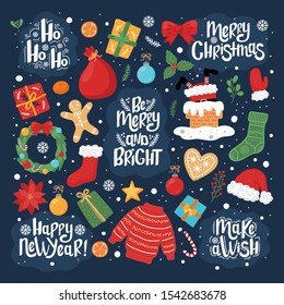 Set of Christmas and New Year vector elements on the dark blue backgroud. Hand drawn style.