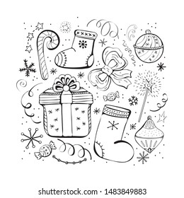 Set of Christmas and new year winter icons. Candy, gift, snowflakes, boots, bow, Christmas toys, serpentine, garland. Hand drawn monochrome set, black and white set. Happy holiday. 
