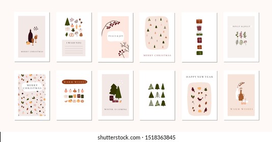 Set of christmas new year winter holiday greeting cards with xmas decoration. Vector abstract trendy illustration in minimalistic hand drawn flat style