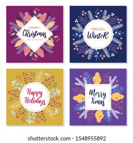 Set of Christmas, New Year and winter holidays  greeting cards with floral hand drawn elements.