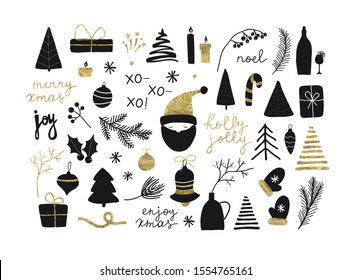 Set of christmas new year winter black icons with gold texture xmas tree, gifts, balls, snowflake, leaves, branch, berries, santa isolated on white. Vector illustration doodle hand drawn flat style