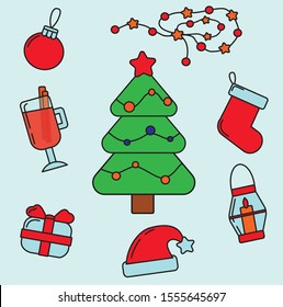 Set of christmas new year winter black icons with gold texture xmas tree, gifts, balls, snowflake, leaves, branch, berries, santa isolated on white. Vector illustration doodle hand drawn flat style