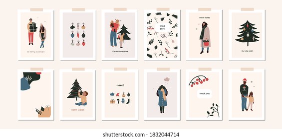 Set of christmas new year winter holiday greeting cards with family kids, xmas decoration. Vector abstract christmas people trendy illustration in hand drawn flat style