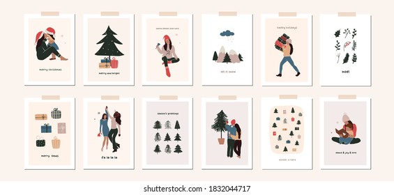 Set of christmas new year winter holiday greeting cards with family kids, xmas decoration. Vector abstract christmas people trendy illustration in hand drawn flat style