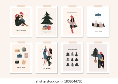 Set of christmas new year winter holiday greeting cards with family kids, xmas decoration. Vector abstract christmas people trendy illustration in hand drawn flat style