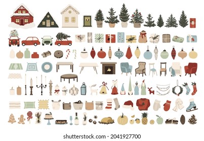 Set of christmas new year winter icons xmas tree, houses, red cars, gifts, balls, home interior elements - tables, chairs, food, carpet and vases. Vector illustration in hand drawn flat style