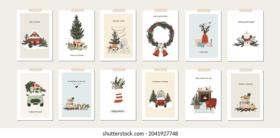 Set of christmas new year winter holiday greeting cards with xmas decoration. Vector illustration posters in hand drawn cartoon flat style