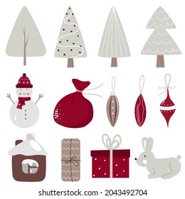 Set of christmas new year winter elements. Christmas tree, decorations, gift box, snowman, house, rabbit. Vector illustration for kids print, card, invite
