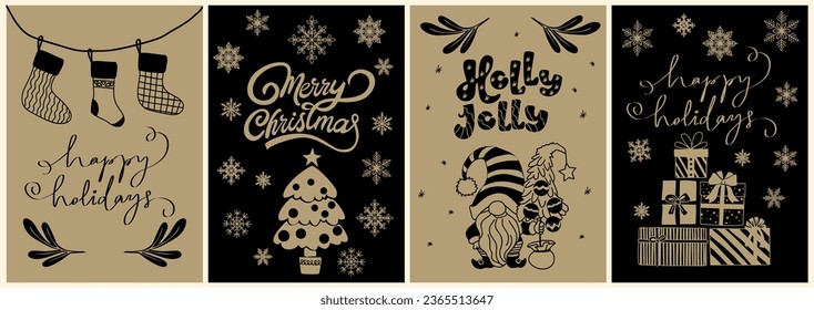 Set of christmas new year winter holiday greeting cards with xmas decoration, tree, gnomes, gift box, snowflakes. Trendy hand drawn Vector line art illustrations in black, gold colors. Not AI created.