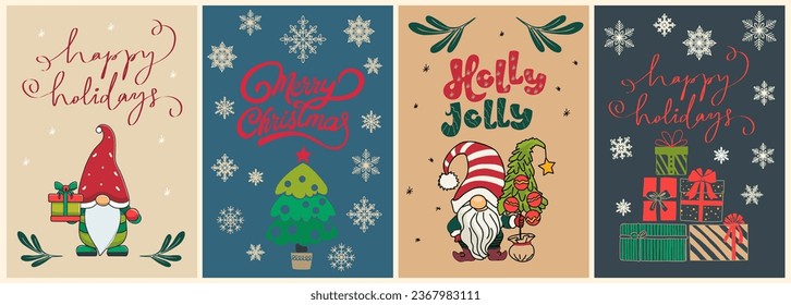 Set of Christmas new year winter holiday greeting cards with xmas decoration, tree, gnomes, gift boxes, snowflakes, calligraphy text. Trendy hand drawn Vector colorful illustrations.	