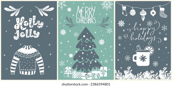 Set of Christmas new year winter holiday greeting cards with xmas decoration, tree, sweater, gift boxes, snowflakes, calligraphy text. Trendy hand drawn Vector monochrome blue teal illustrations.