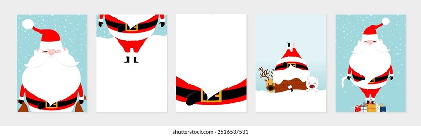 Set of Christmas new year winter holiday greeting cards with cute funny xmas Santa Clauses and lettering. Christmas poster vector illustration in flat cartoon style