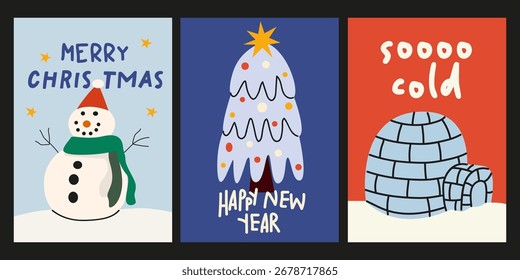 Conjunto de Navidades de tarjetas de felicitación de vacaciones de invierno de año Nuevo con lindos Elementos de Navidad divertidos y tipografía. Conjunto de póster retro de Navidades en estilo groovy de dibujos animados