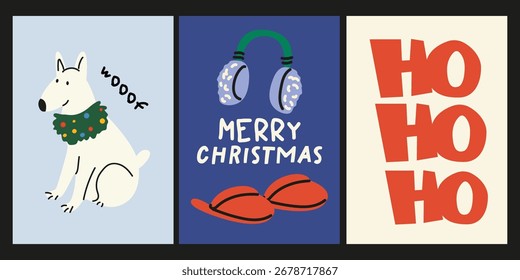 Conjunto de Navidades de tarjetas de felicitación de vacaciones de invierno de año Nuevo con lindos Elementos de Navidad divertidos y tipografía. Conjunto de póster retro de Navidades en estilo groovy de dibujos animados