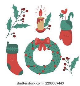 Set of Christmas and new year. Wreath, holly branch, candle, sock, mitten