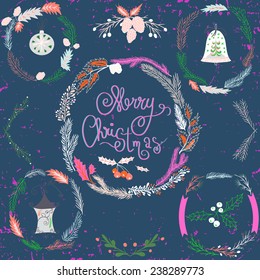 Set of Christmas and New Year wreath and other design elements. Christmas decoration collection, leaves, berries. Holiday symbols.