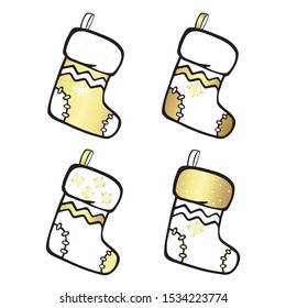 Set of Christmas, New Year's accessories. Vector cartoon illustration of four isolated socks in black and white and gold colors.
