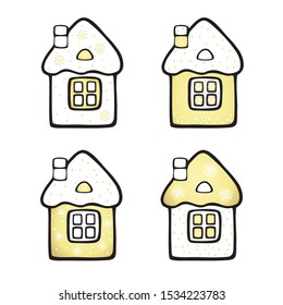 Set of Christmas, New Year's accessories. Vector cartoon illustration of four isolated houses in black and white and gold colors.