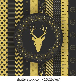 Set of Christmas and New Year's backgrounds. Black and gold modern holiday pattern. Elegant laurel wreath with deer head.