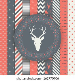 Set Of Christmas And New Year's Backgrounds. Black And Gold Modern Holiday Pattern. Elegant Laurel Wreath With Deer Head.