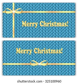Set of Christmas and New Year's backgrounds with place for your text.Gold ribbon on a blue  knitted background