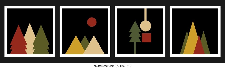 Set of Christmas and New Year's cards decorated with geometric tree shapes on black background. Flat design simple. Holiday greeting cards minimalist style. Poster, banner, cards. Vector illustration.