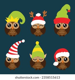 Set of Christmas and New Year's  cute  brown owls. Vector illustration. Scrapbooking, invitations, greeting cards, party supplies, cupcake toppers, digital stickers, cookie decoration.