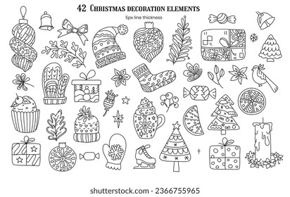 Set of Christmas and New Years decoration elements. Line art decor. Can change line stroke weight, thinness. Xmas tree, balls, gifts, chocolate, desserts, cookies, mandarin. Collection for design