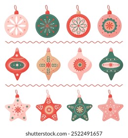 a set of Christmas and New Year's decorations in retro style on a white background 