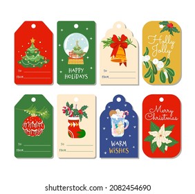 Set of Christmas and New Year's gift tags with Snowflake, Ball, Fir Branch, Cup Latte. Bell, Holly and Christmas Tree Toy in Red, Green, Gold and Beige. Flat illustration perfect for holiday greetings