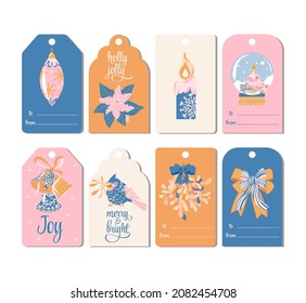 Set of Christmas and New Year's gift tags with Snowflake, Ball, Candle, Red Cardinal, Bell, Holly, Mistletoe and Christmas Tree Toy in trend pastel color. Perfect for holiday greetings, presents.