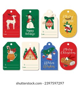 Set of Christmas and New Year's gift tags with Snowman, Deer, Star, Fir Branch, Cup Latte, Bell, Holly and Christmas Tree Toy in Red, Green, Gold and Beige. Flat illustration perfect for holiday greet