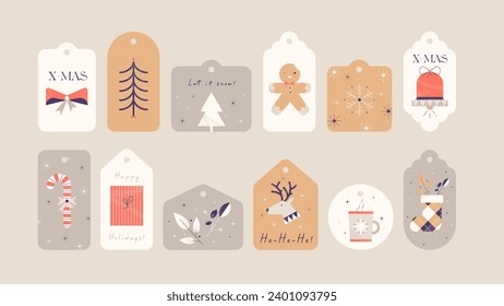Set of Christmas and New Year's gift tags illustrations with decorative elements and winter symbols. Retro geometric flat illustrations.